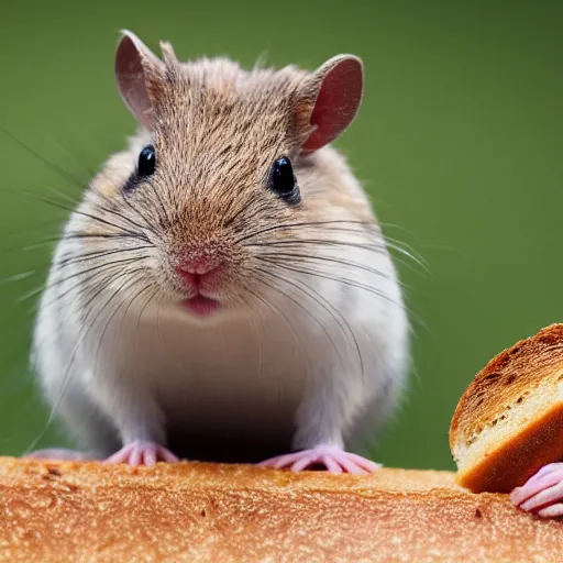 Prompt: Gerbil with its head stuck in a piece of bread