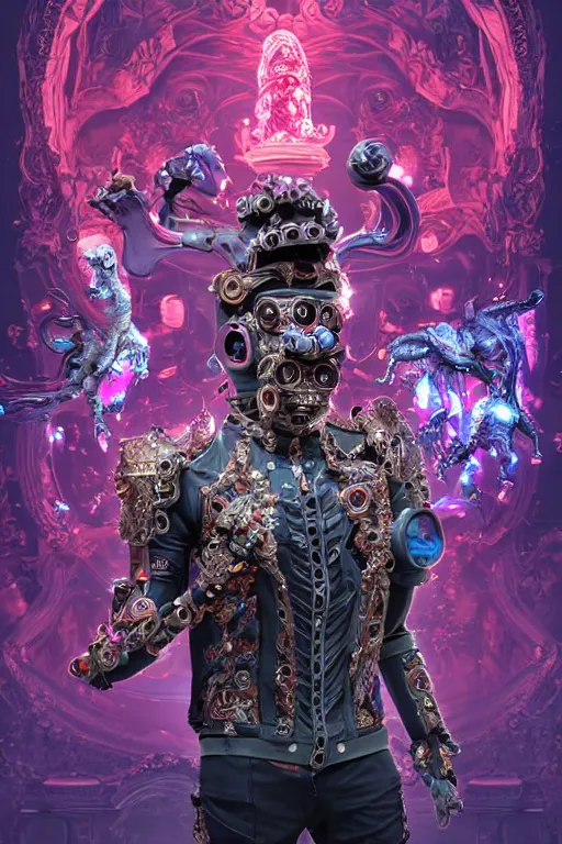 Image similar to full-body rococo and cyberpunk style sculpture of a young handsome Spanish prince half android with a chest exposing circuitry, glowing pink laser eyes, crown of blue gears and diamonds, swirling salmon-colored silk fabric, robotic raptors dinosaurs. baroque elements. full-length view. intricate artwork by caravaggio. Trending on artstation, octane render, cinematic lighting from the right, hyper realism, octane render, 8k, depth of field, 3D