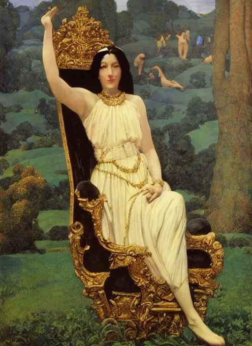 Prompt: an oil painting a queen with dark hair and white fair skin on a throne by maxfield parrish, highly detailed, realistic, realism, manierism, oil painting, wide shot