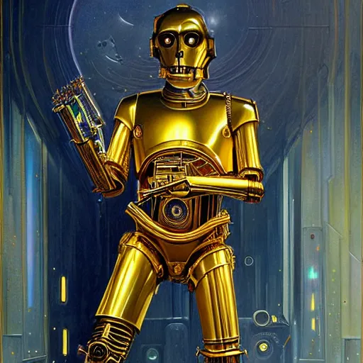 Image similar to medium shot stunning portrait of C3PO playing the golden lyre, painting by Raymond Swanland and Donato Giancola, Robot, sci-fi, cybernetic, hq