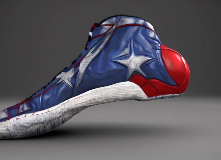 Image similar to basketball sneakers concept of captain america, picture by tim burton, render, cinema 4 d, octane render