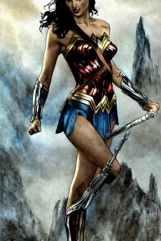 Prompt: Gal Gadot as Wonder Woman with athletic body, illustration by Luis Royo