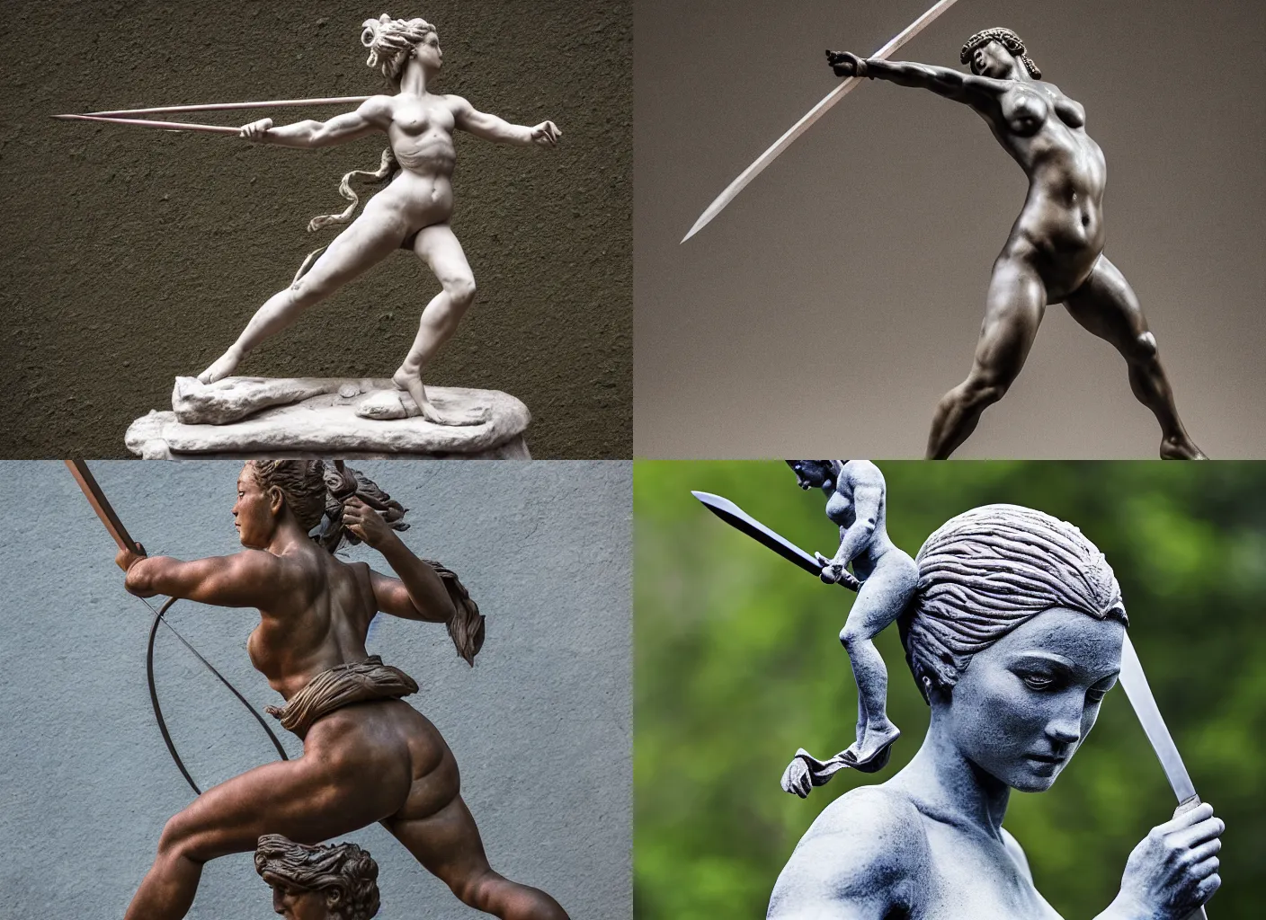 Prompt: Sculpture of a female warrior with a spear in action pose, flying hair, by michelangelo, photography, Sony A7III, 85mm f1.8