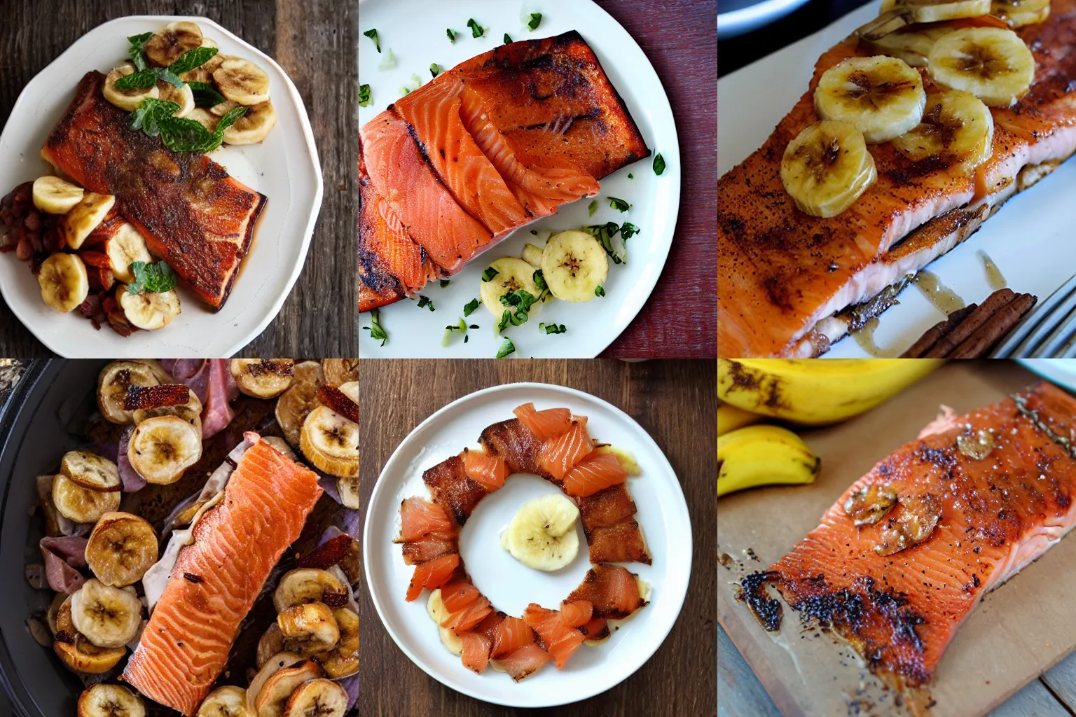 Prompt: delicious cinnamon roasted banana smoked salmon, food blog photo