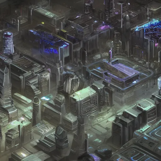Prompt: large group people in a huge warehouse, looking at a tabletop futuristic city hologram | cinematic concept art | godrays | 4 k | clear details | tabletop | tabletop | hologram foreground