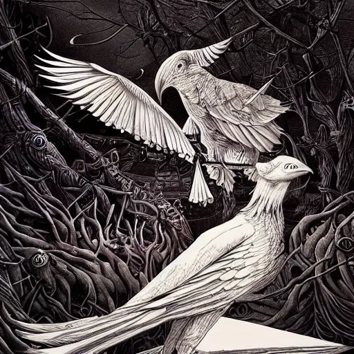 Image similar to white crow bringing rabbit leg to a occult witch by android jones and m. c. escher collaboration, futurist, digital art, dramatic lighting