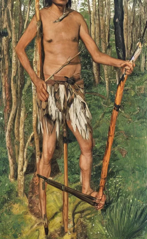 Image similar to full shot picture of indigenous people young man standing with a spear in the forest, painted by lucian freud, hd, super detailed, amazing, realistic lighting