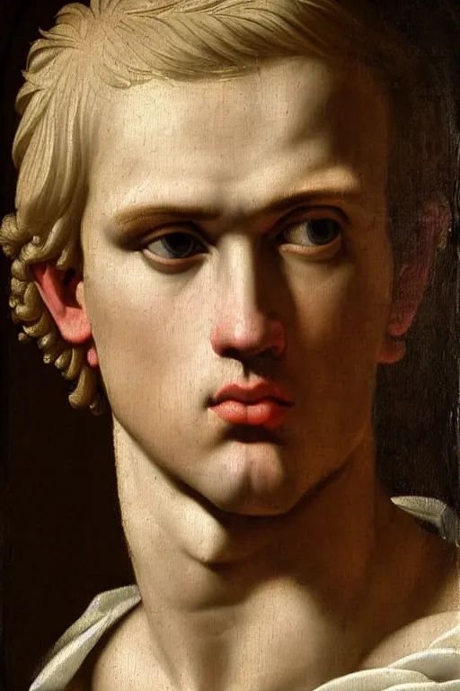 Prompt: renaissance painting of man, short blonde hair, thoughtful face, emotions closeup, dressed in roman armour, the beautiful garden with olive leaves, ultra detailed, art by Guido Reni style, Vincenzo Catena style