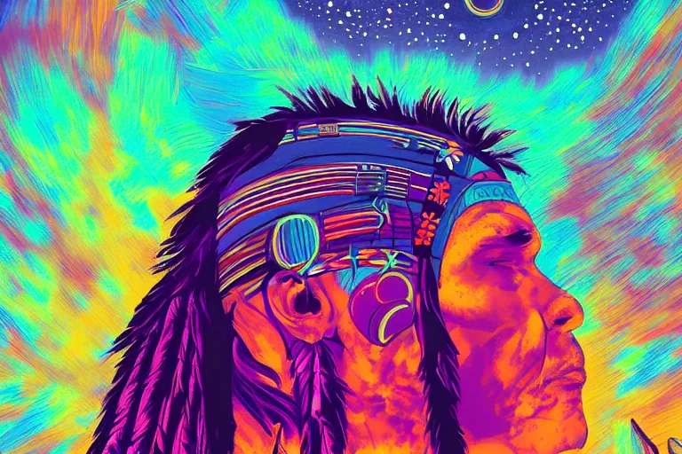 Image similar to digital art of a spiritual native american man looking up at the stars, acrylic art, universe, painting, pastel colors, synthwave, retro, cyberpunk,