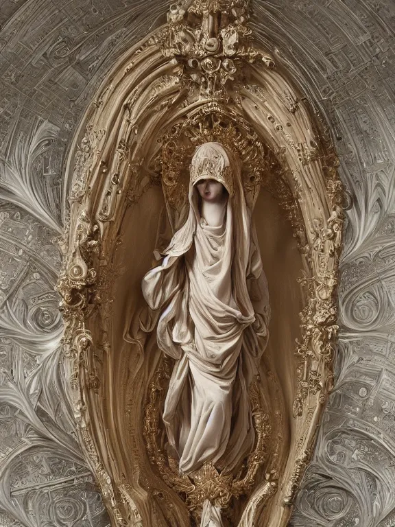 Image similar to a beautiful render of baroque catholic veiled Virgin sculpture with symmetry intricate detailed,by Nekro and peter gric and aaron horkey and Billelis,Trending on artstation,ZBrush,fractalism,maximalism,glittering,Ligne Claire,gold,ivory,copper verdigris,hyperreal