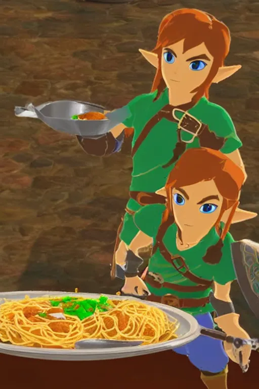 Prompt: in game footage of link from the legend of zelda breath of the wild eating spaghetti at a restaurant, breath of the wild art style.