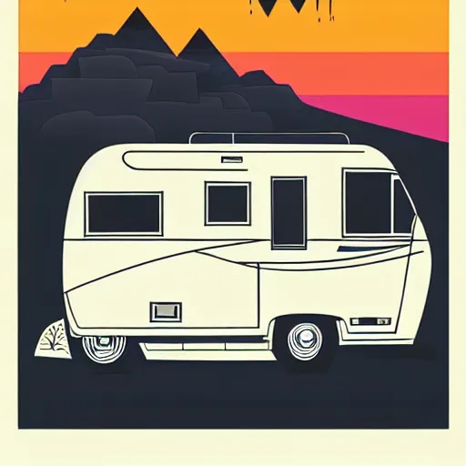 Image similar to stylized line art graphic of a white and black cute thor chateau! motorhome camper!!, mountains, colorful sunset!!, line art by tom whalen