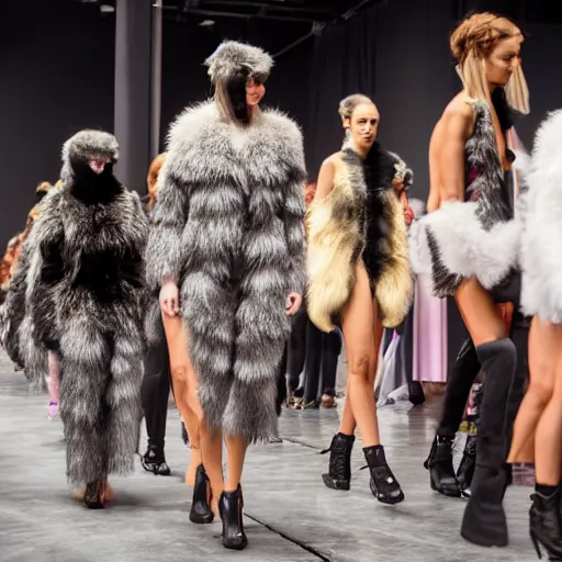 Prompt: a photo of a runway show with Furry models, 8k, vogue magazine