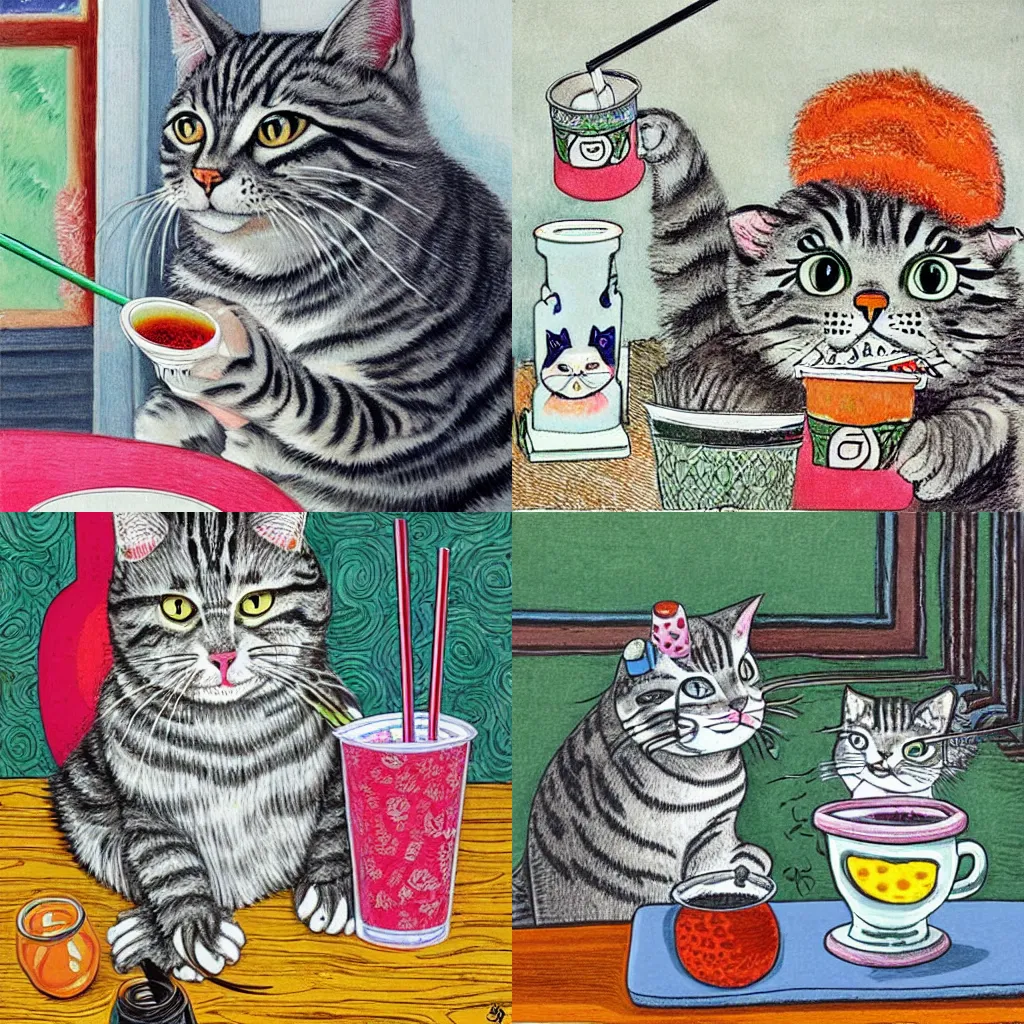 Prompt: a gray tabby cat with a white nose drinking boba tea through a silly straw by louis wain