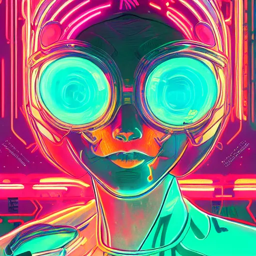 Image similar to portrait of a young mech girl with fluorescent cybernetic implants dripping in a world of neon dreams by james jean and kilian eng