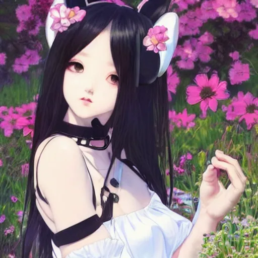 Prompt: realistic beautiful gorgeous natural cute Blackpink Lalisa Manoban black hair fur black cat ears, wearing white camisole summer outfit, headphones, black leather choker, tonemapping artwork drawn full HD 4K highest quality in artstyle by professional artists WLOP, Ayami Kojima, Aztodio, Alphonse Mucha, Taejune Kim, Guweiz on Pixiv Instagram Artstation