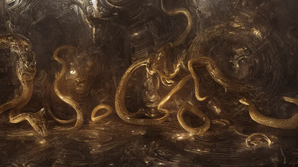 Image similar to marble temple, giant snakes, ribcage, gold, godrays, cgsociety,