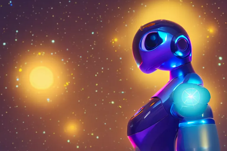 Image similar to a beautiful calm robot girl looking up to the stars, photograph, colorful background, render, 3 d, render, glows, neon, 8 k, 4 d,