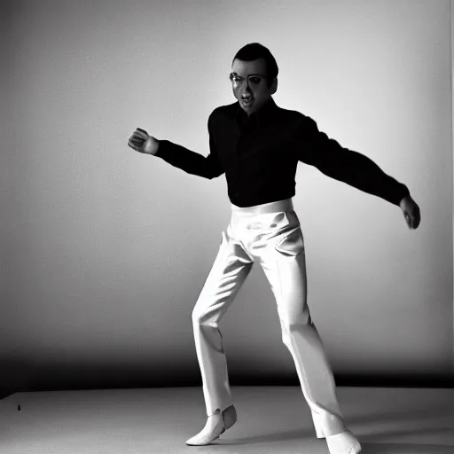 Image similar to a man in zirconium pants dancing to time, black and white