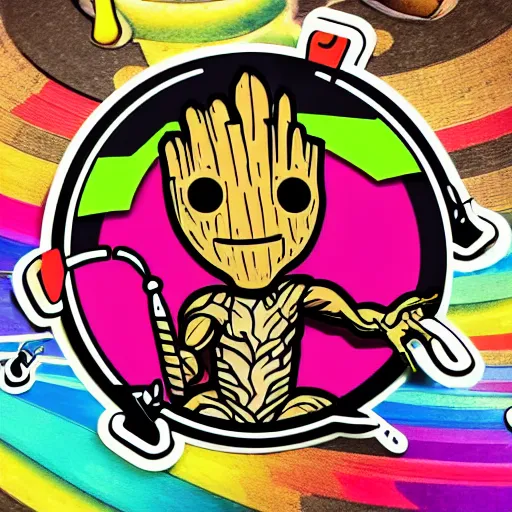 Image similar to svg sticker of a Pop-Wonder Groot-Marvel-Avenger at a rave, spinning records, giant headphones rocking out, wearing headphones, huge speakers, dancing, rave, DJ, spinning records, digital art, amazing composition, rule-of-thirds, award-winning, trending on artstation, featured on deviantart