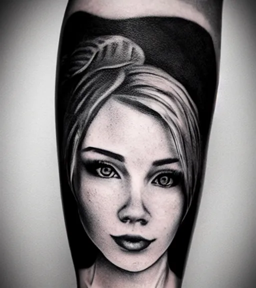 Image similar to a beautiful girl portrait, faded mountain background, realism tattoo, in the style of den yakovlev, black and white, hyper realistic, highly detailed