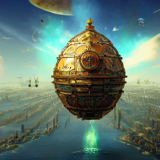 Prompt: enormous flying city!! in a gigantic faberge egg, sky!!!, steampunk, aetherpunk, skydocks, fantasy art, unreal engine,