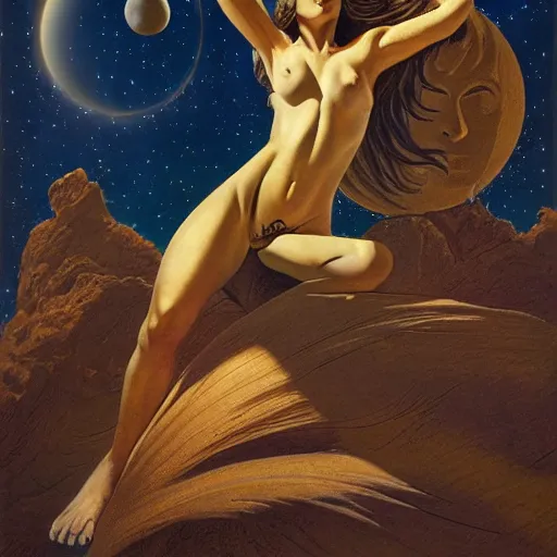 Image similar to sleep of wise old beautiful woman Desert Deity under unresolved evil moon illusion, in the style of Frank Frazetta, Jeff Easley, Caravaggio, extremely clear and coherent, clear lines, 8K revolution