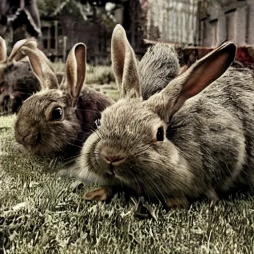 Image similar to a dark army decaying zombie rabbits infected with the T-virus, film still