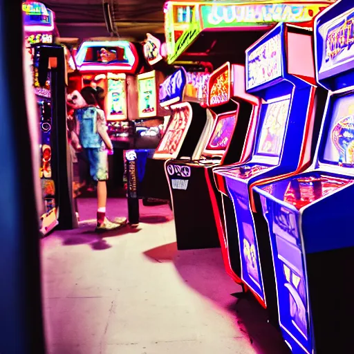 Prompt: A busy arcade, 80's, by Ready Player One, by Back To The Future, XF IQ4, 150MP, 50mm, F1.4, ISO 200, 1/160s, natural light