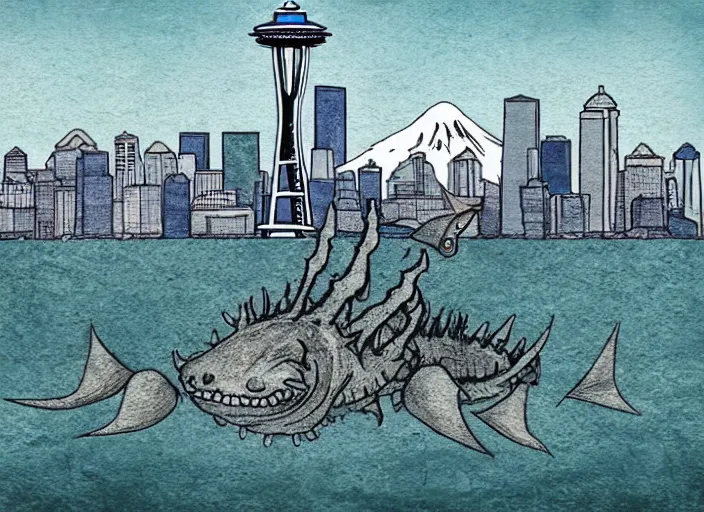 Image similar to seattle being attacked by a sea monster