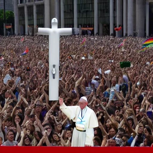 Image similar to Pope Francis at the Pride, photograph, hyper detailed, wide angle