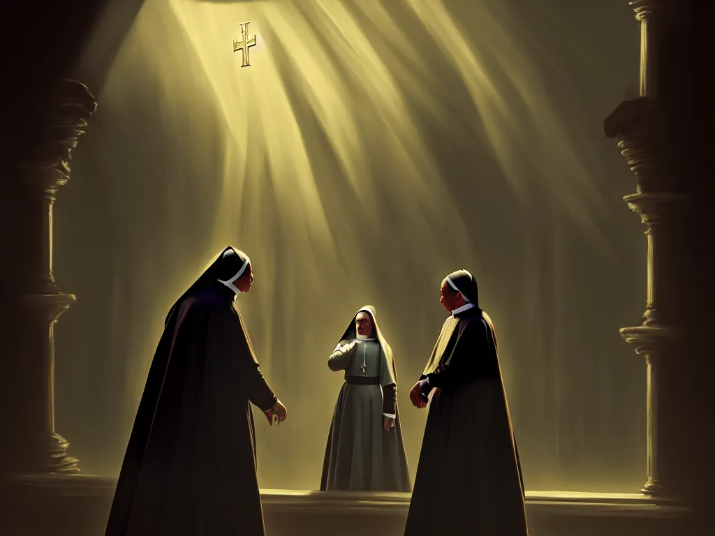 Prompt: Nun dancing with the pope, dramatic lighting, cinematic, establishing shot, high detail, cinematic lighting, post processed, 8k, concept art, artstation, matte painting, in the style of eddie mendoza, raphael lacoste, alex ross