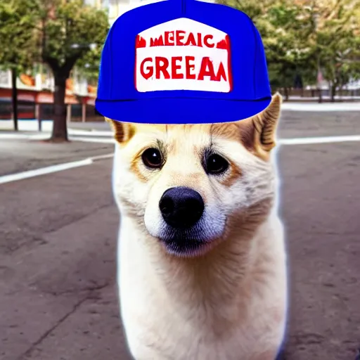 Image similar to doge wearing a make america great again cap, realistic, super detailed, wide shot, 8 k,