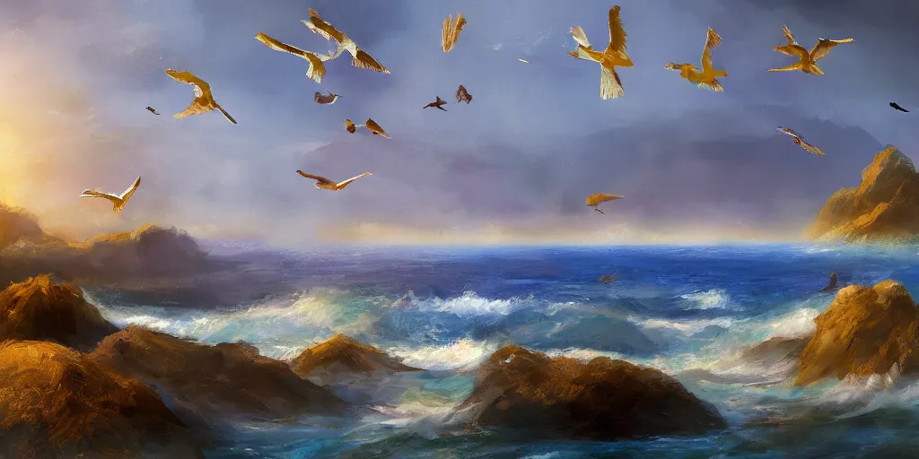 Prompt: painterly concept art landscape with birds flying above the ocean