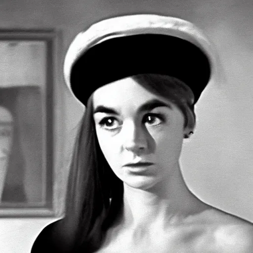 Image similar to still from a masterpiece 1 9 6 0 s french art film, very beautiful and elegant girl in beret with large eyebrows sits in the far background with an angry expression, moody lighting, viewed from afar, cinematic shot, the camera is focused on her conversation with a man, color film