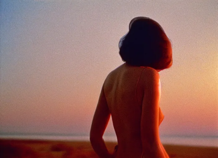 Image similar to close-up color film photography 1970s, long shot, bold woman, soft focus, golden hour, soft light, 35mm, film photo, Joel Meyerowitz