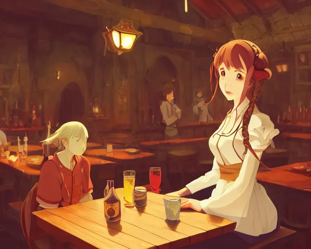 Prompt: anime visual, portrait of a young female traveler in a busy fantasy medieval tavern interior, cute face by yoh yoshinari, katsura masakazu, studio lighting, dynamic pose, dynamic perspective, strong silhouette, anime cels, ilya kuvshinov, cel shaded, crisp and sharp, rounded eyes