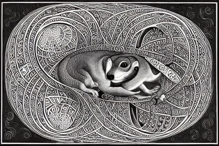 Image similar to an ornate illustration in the styles of mandalas and fractals, the styles of escher and penrose, depicting a weasel staring deep into the heart of the impossible all - and - nothing of the emerging technological singularity ; / what has god wrought? / he seems to be whispering.