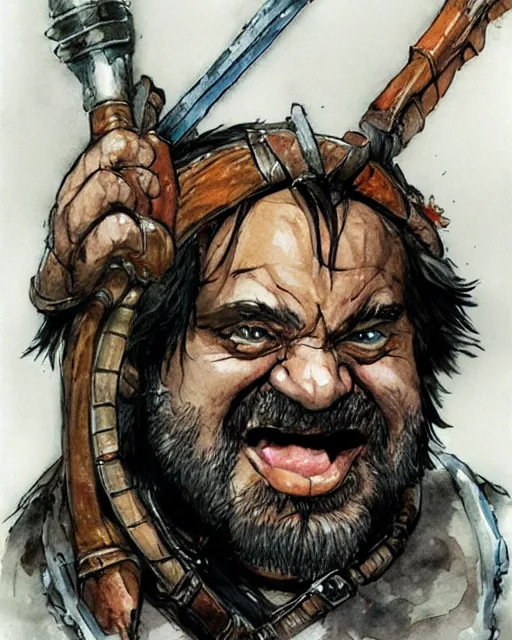 Prompt: Danny DeVito as a dwarf barbarian, drawn by Yoji Shinkawa, water color, Dungeons and Dragons, Wizards of the Coast