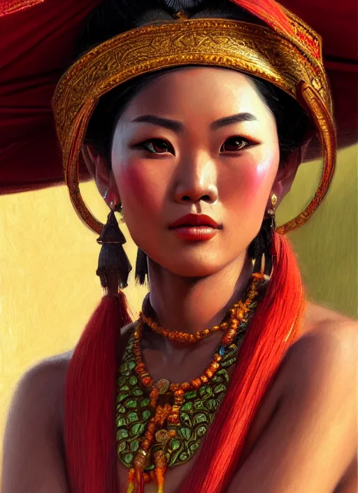 Prompt: portrait of a beautiful female tai ethnic sukhothai, closeup portrait, historical, ethnic group, traditional costume, elegant, loin cloth, highly detailed, oil painting, artstation, concept art, matte, sharp focus, illustration, hearthstone, art by earl norem