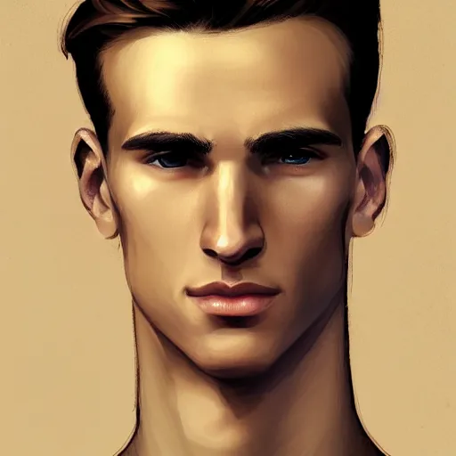 Image similar to man in his twenties with brown blond short quiff hair and thin slightly round facial structure with cleft chin, straight eyebrows and prominent nose, good definition of cheekbones, big hazel nut brown eyes, narrow face, slim body, atmospheric lighting, painted, intricate, 4k, highly detailed by Charlie Bowater