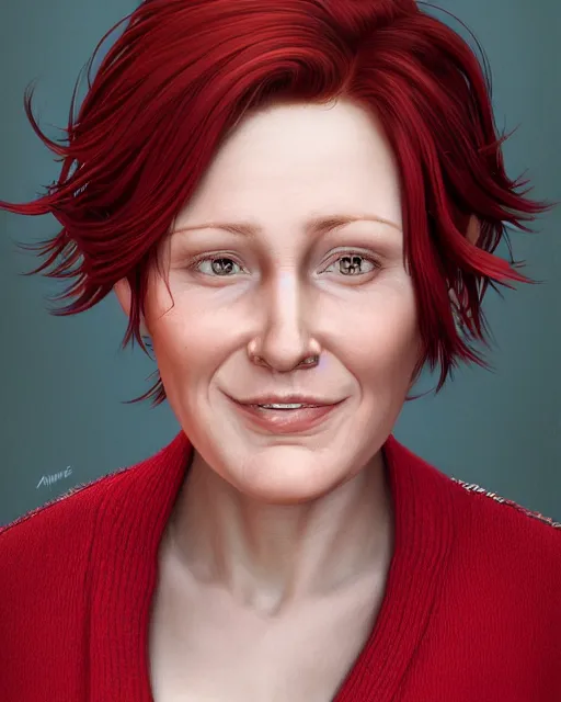 Prompt: portrait of happy short and plump 5 0 - year - old woman with red hair and, kind face, round face, short hair, wearing in cardigan, hyper realistic face, beautiful eyes, character art, art by mark brooks, hyperdetailed, cryengine, trending on artstation, digital art