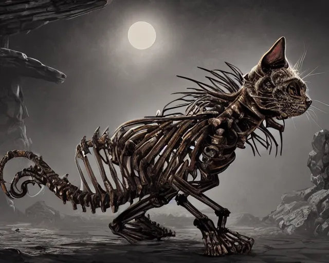 Prompt: an epic action concept masterpiece of demented skeletal cat, inspired by sd ai, digital art, horrific cinematic lighting, 4 k