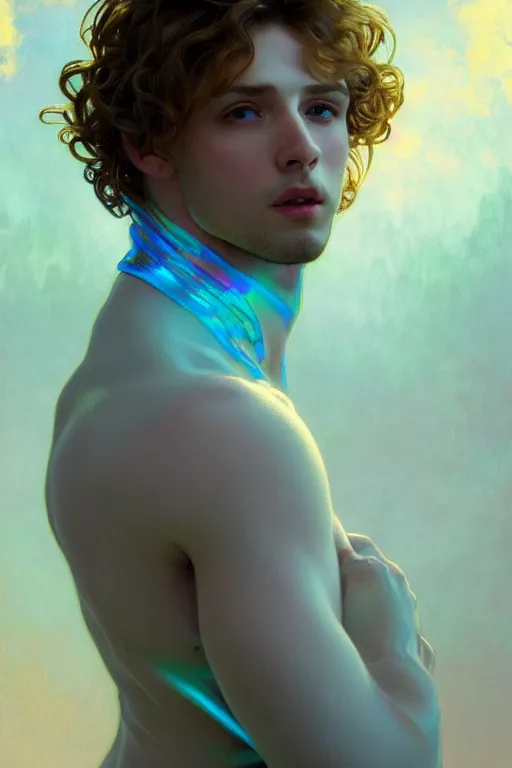 Image similar to portrait of a beautiful young fit male angel with curly blond hairs, dressed with fluent clothes, luminous scene, by greg rutkowski and alphonse mucha, d & d character, gradient white to cyan, in front of an iridescent background, highly detailed portrait, digital painting, artstation, concept art, smooth, sharp focus ilustration, artstation hq