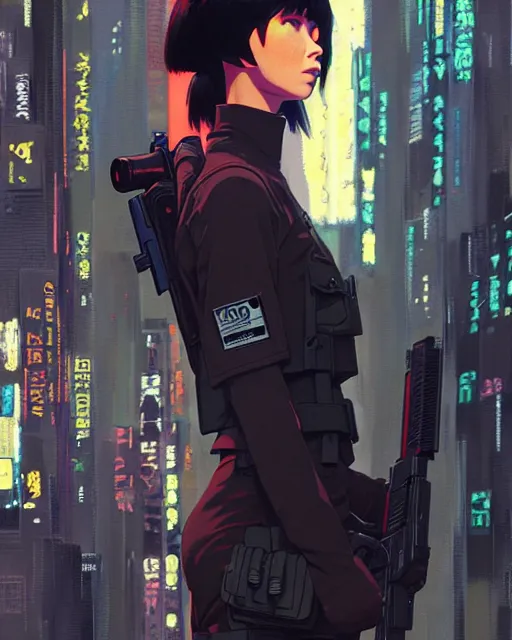 Image similar to girl wearing in tactical gear | | audrey plaza, fine detail!! anime!! realistic shaded lighting!! dramatic!! poster by ilya kuvshinov katsuhiro otomo ghost - in - the - shell, magali villeneuve, artgerm, jeremy lipkin and michael garmash and rob rey