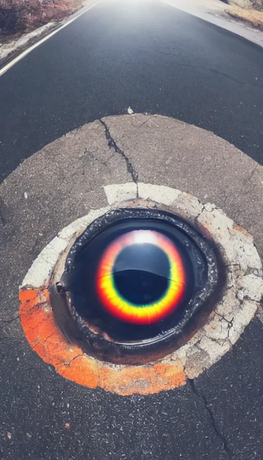 Image similar to photo of a giant eye open on an asphalt road, realistic photo, shot with a gopro, looming, colorful, eerie