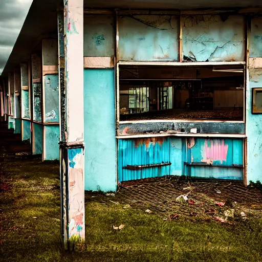 Prompt: an abandoned 1 9 5 0 diner, in bad condition, floor is overgrown with grass. moody and melanchony lighting, with slight cyan and pink.