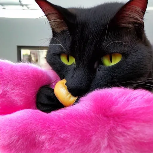 Prompt: photo of a pink cat with pink fur, eating a hamburger, biting a hamburger-C 12