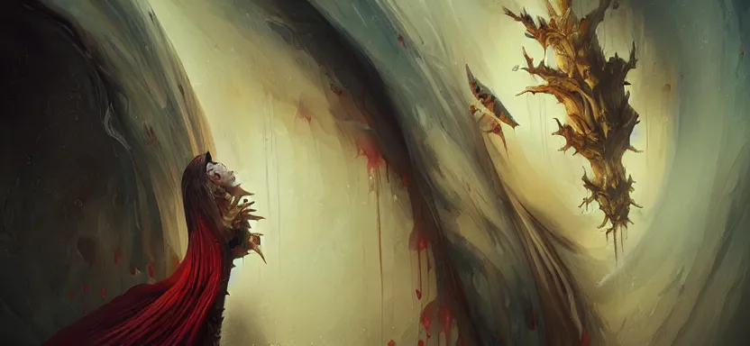 Image similar to sacred vampire, red sea, acanthus scroll, ceremonial clouds, dripping paint, fibonacci rhythm, artstation, art germ, wlop, karol bak, christopher balaskas, ross tran