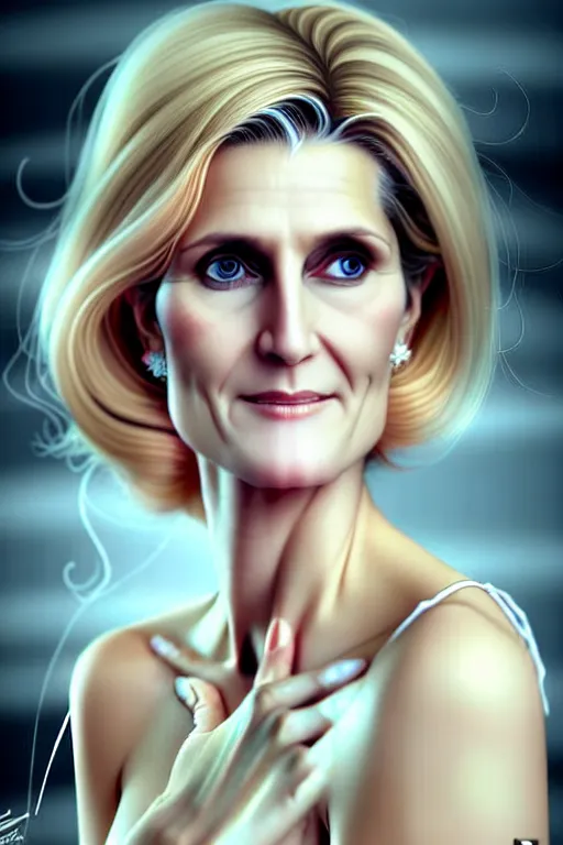 Image similar to Beautiful alluring Helle Thorning Schmidt portrait in satin dress by Artgerm and WLOP, Pixiv